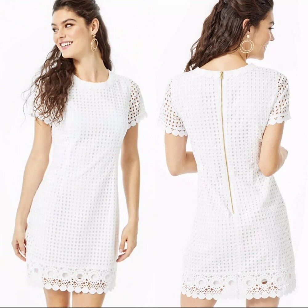 New Lilly Pulitzer Jennifer Dress White Round Neck Eyelet Short Sleeves Sz 12